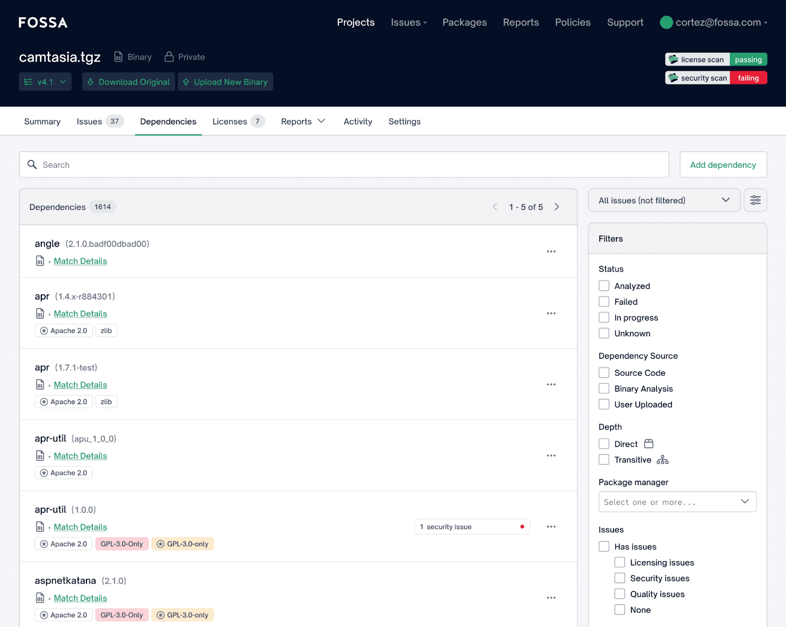 List of detected dependencies from a binary scan