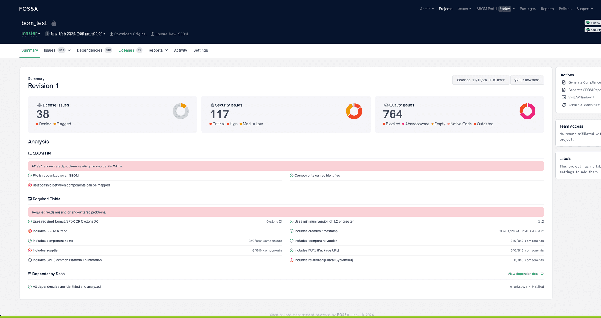 Reporting dashboard within FOSSA