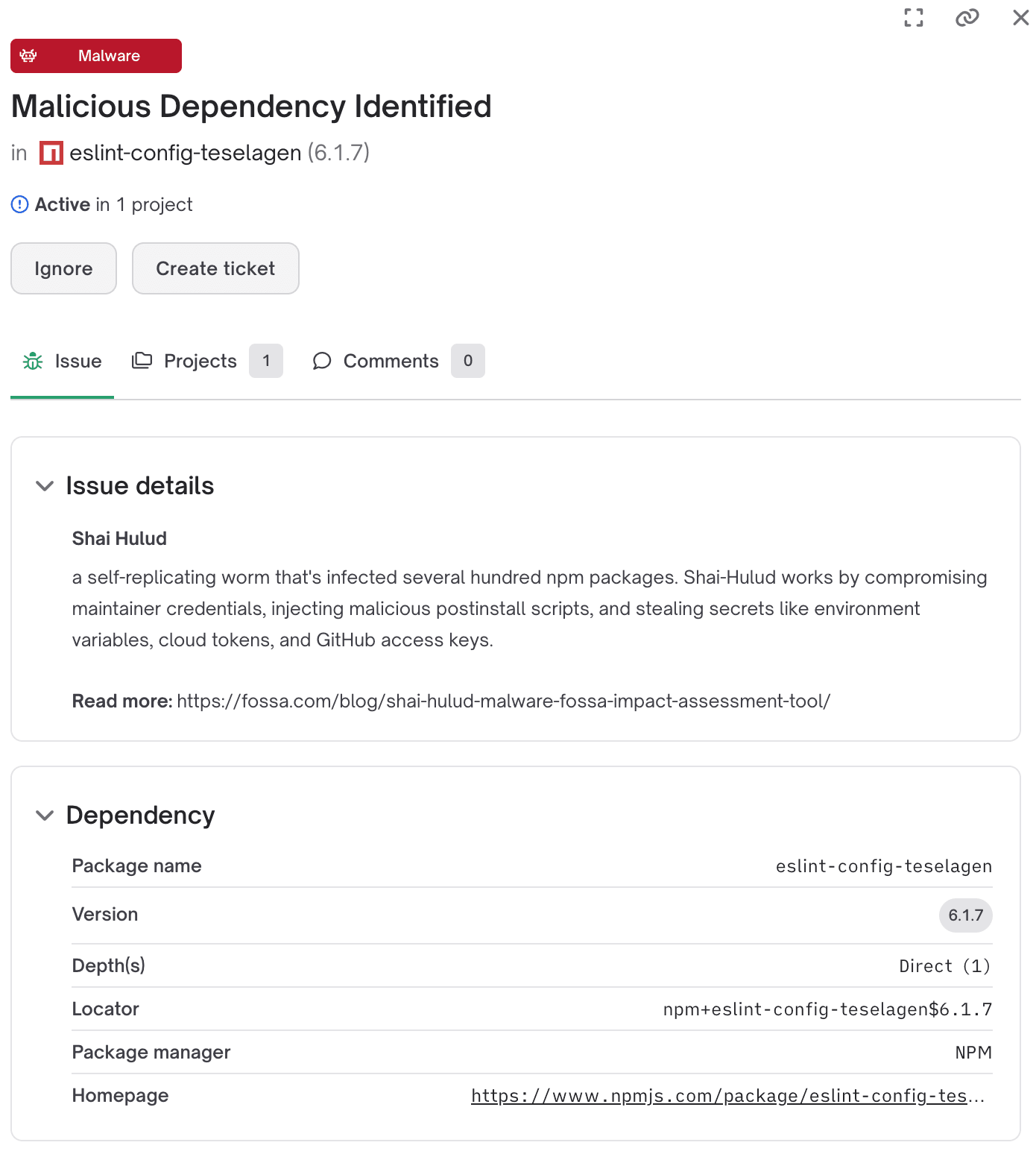 Example of detected malware in FOSSA