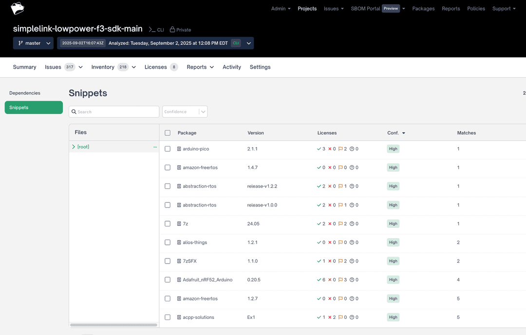 Snippet results in the FOSSA UI