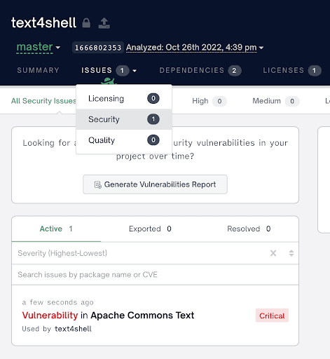 FOSSA UI displaying Text4Shell vulnerability